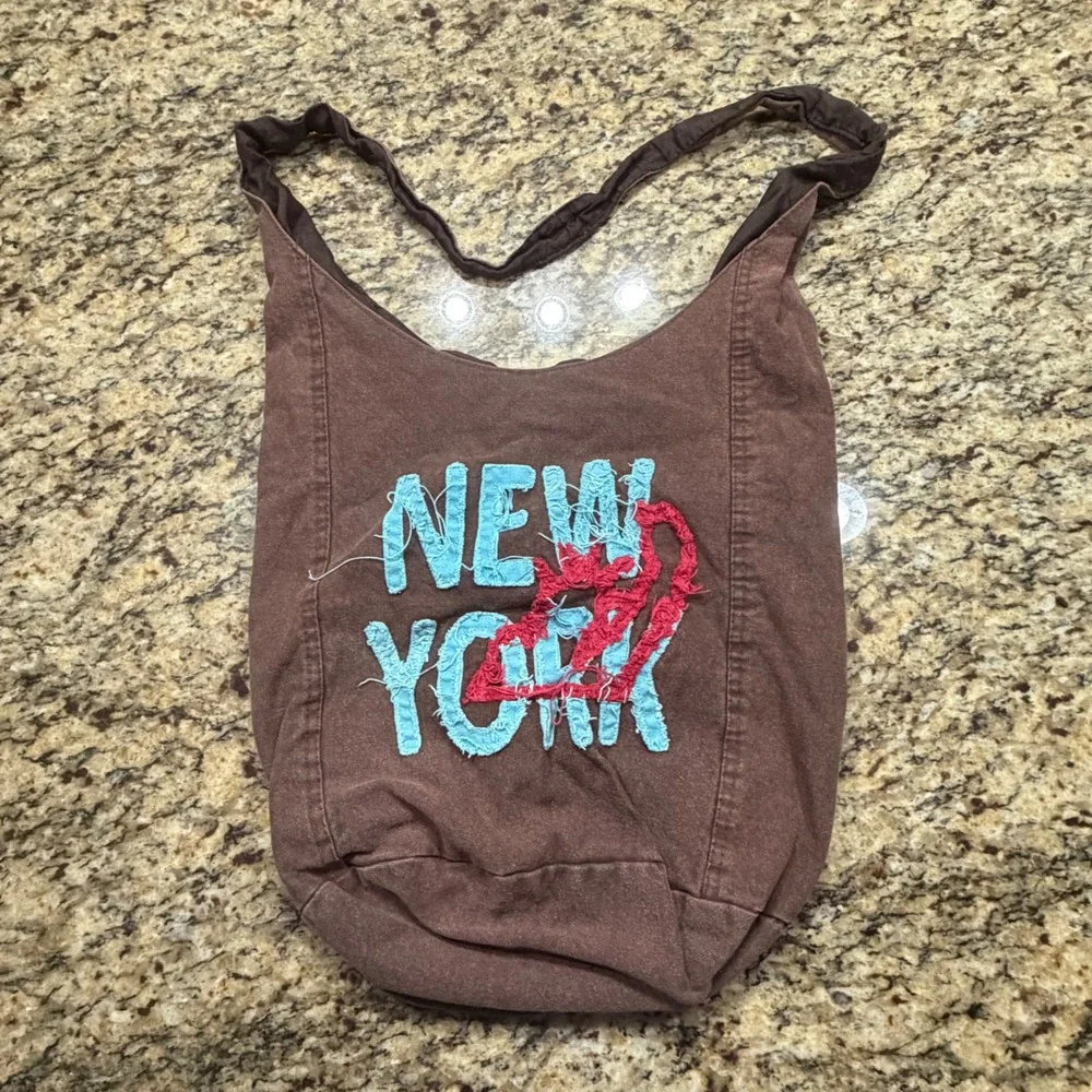 Vintage Style New York Canvas Hobo Bag Brown Slouchy Shoulder Tote Bag